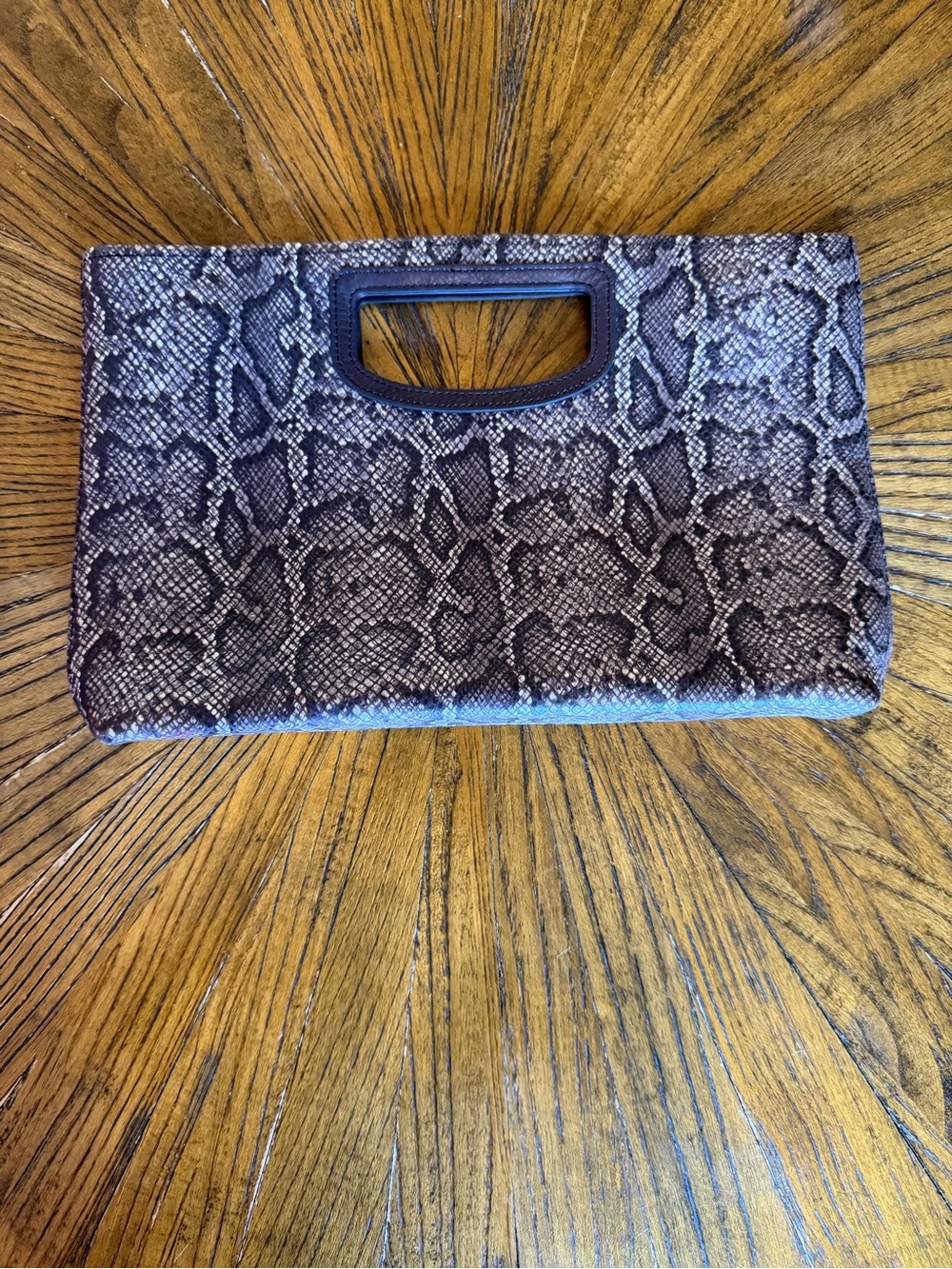 J McLaughlin Eliana Snake-Print Leather Clutch in Dark Brown